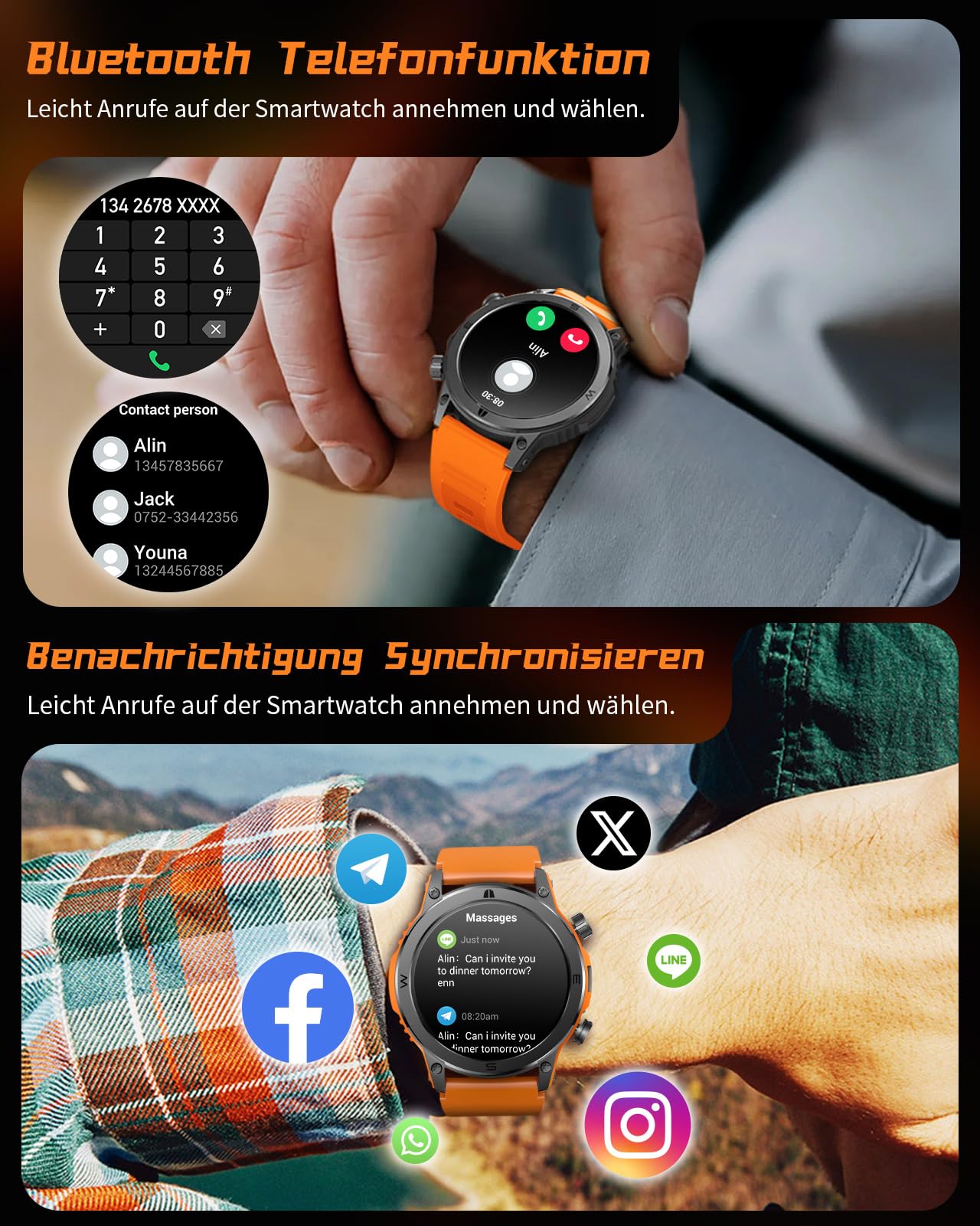 MEGALITH Smartwatch voor heren, sport: smartwatch, fitnesstracker, waterdicht, Android iOS, grijs