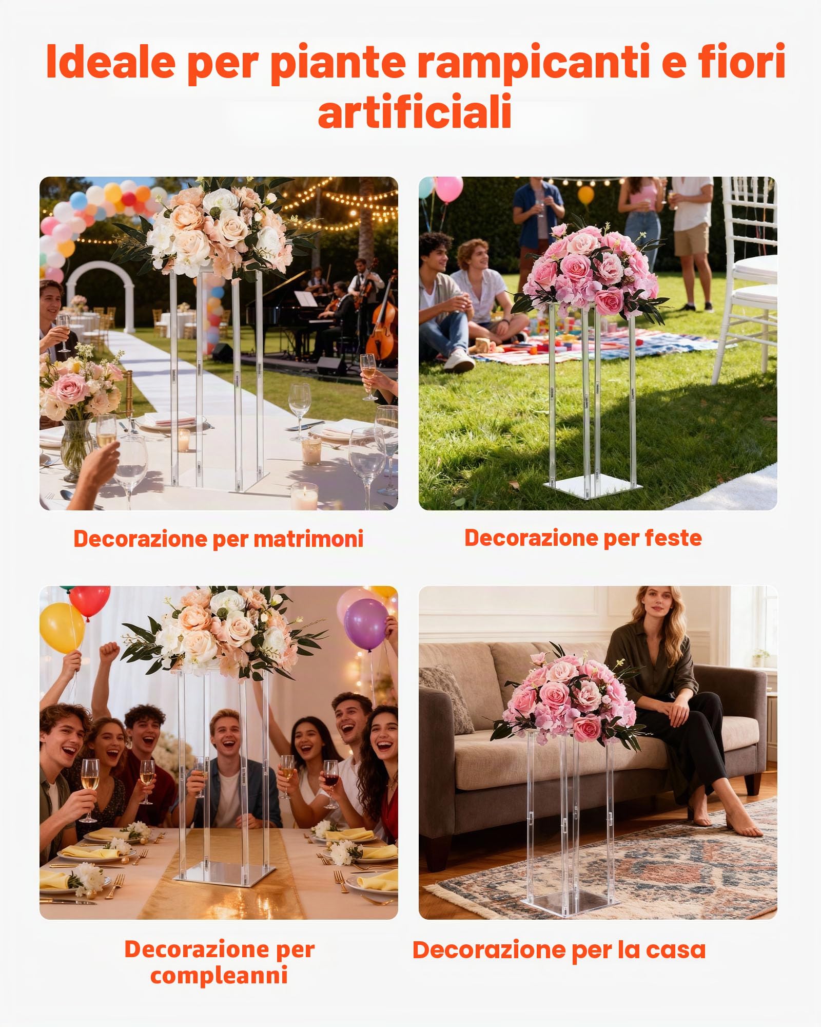 VEVOR Portafiori da Matrimonio 10 Pezzi da 50 cm, Portafiori a Colonna con Laminato Acrilico, Espositore Floreale Cubico Cilindrico per Matrimoni, Feste, Compleanni, Casa, Centrotavola Dorati