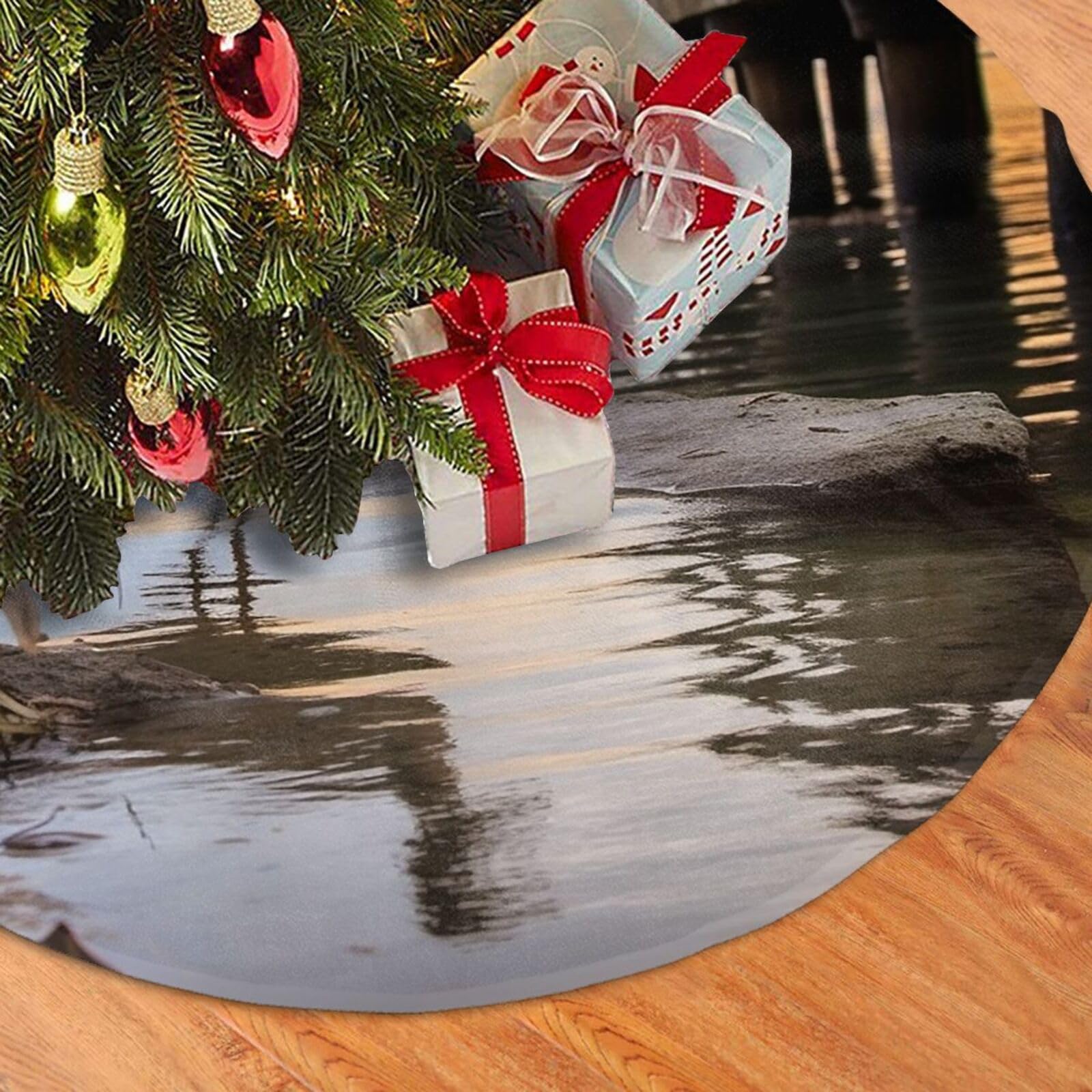 Fodpand Black Wild Goose By The Bridge Christmas Tree Skirt 48" Velvet Xmas Tree Skirt Mat Rustic Christmas Tree Mat Cover Winter Xmas Tree Collar For Indoor Outdoor Christmas Decorations