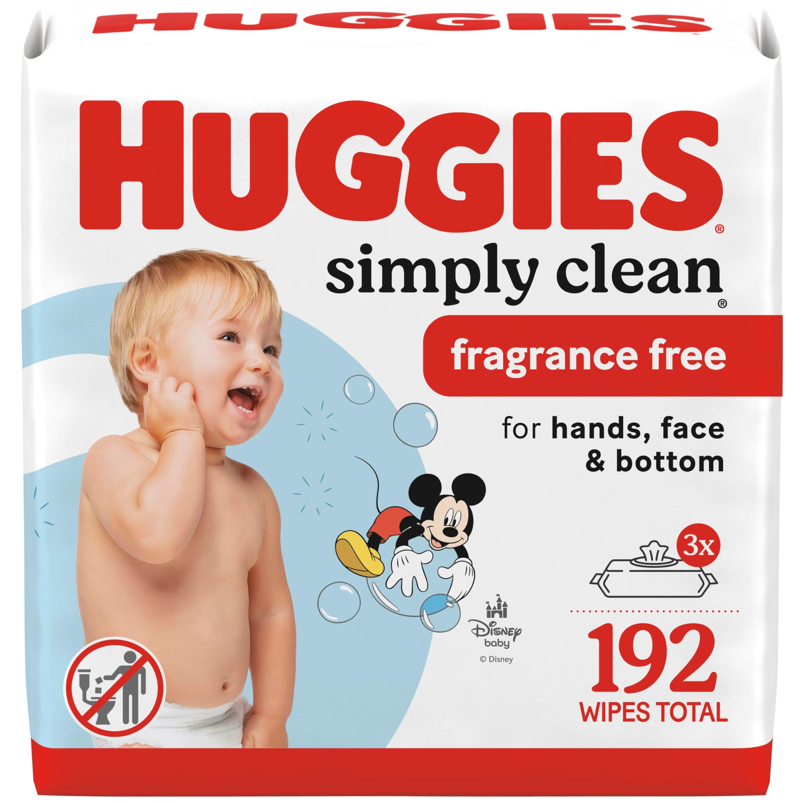 HUGGIESSimply Clean Unscented Baby Diaper Wipes, 3 Flip-Top Packs (192 Wipes Total), Packaging May Vary