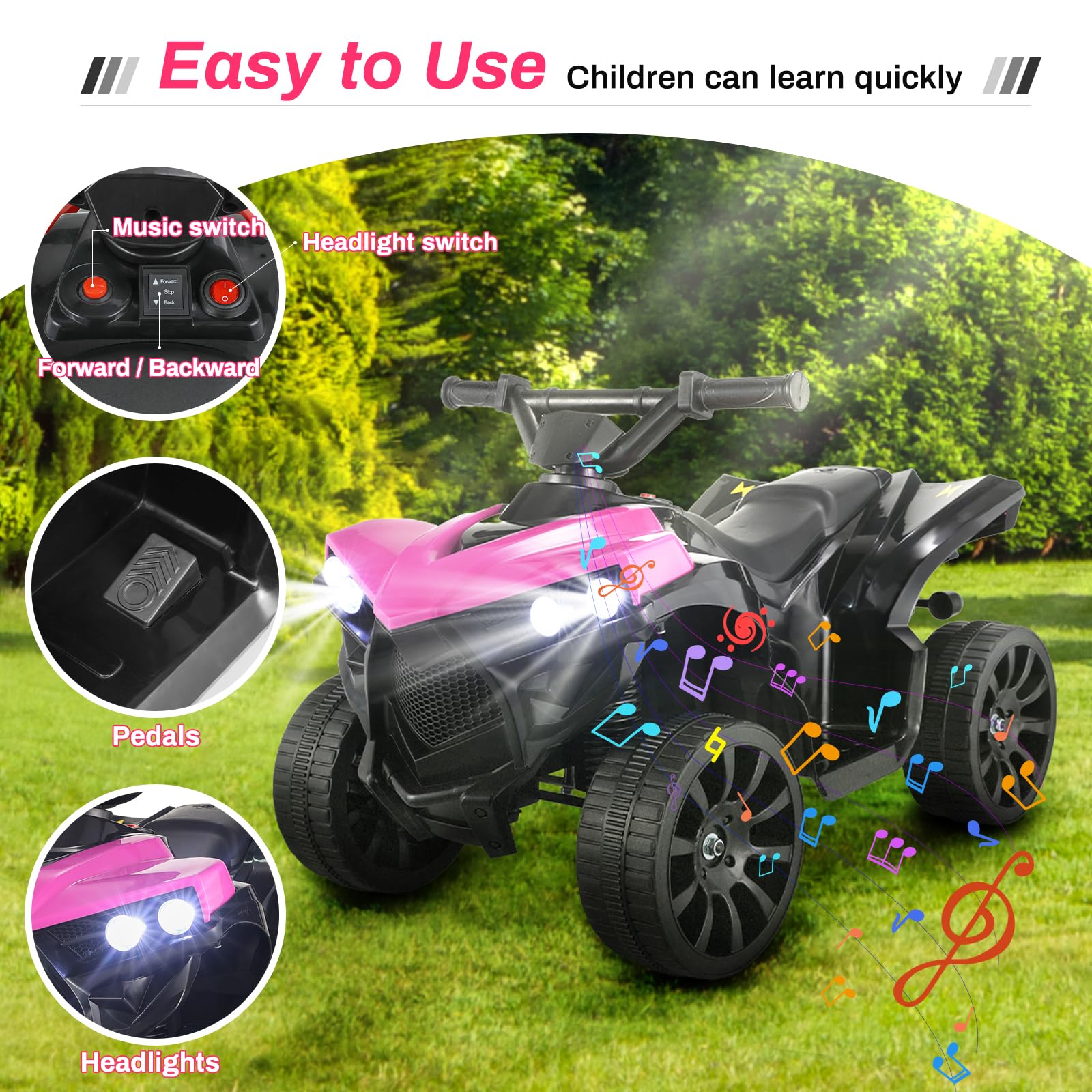 MAMIZO Quad Eléctrico Infantil 6V, Vehículo Eléctrico para Niños de 3 a 8 Años, Vehículo Eléctrico Niños, 3 km/h, con MP3, Trompeta, Faro LED & Carga USB, 68x44x41 cm, Rosa,4 pcs Ruedas