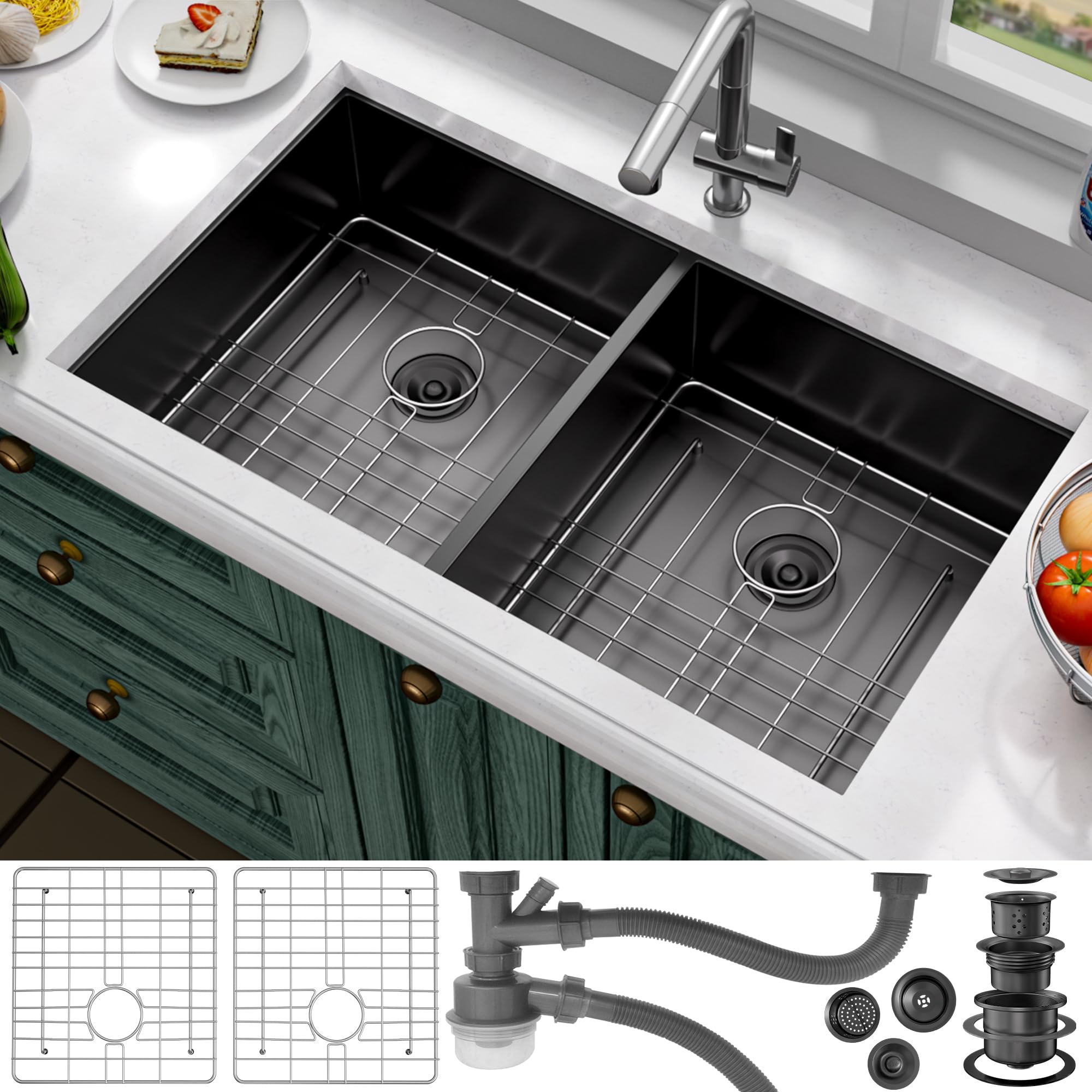 33 Inch Undermount Kitchen Sink Stainless Steel, 33x19 Double Bowl