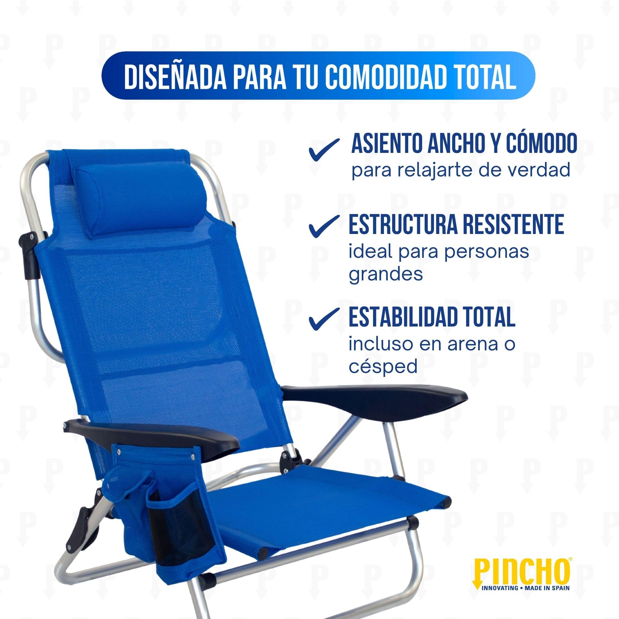 Pincho Silla de Playa Reclinable Aluminio 4 Posiciones Plegable Ligera Resistente 110kg textilene Transpirable con Reposacabezas y Bolsillos Azul Turquesa y Marino (2, Azul Marino)