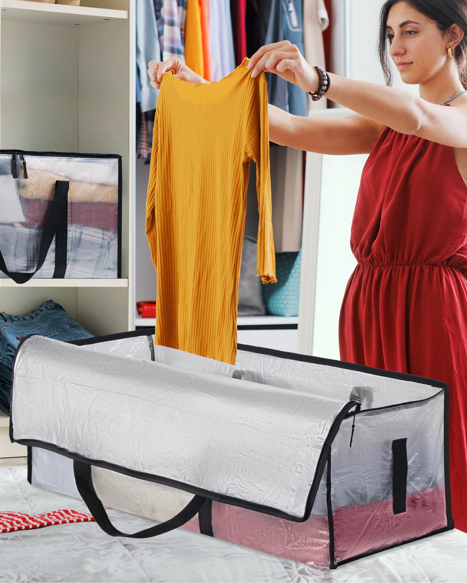 JOJOSEE 6 Stück 120L Aufbewahrungstasche, Große Transparente Umzugstaschen mit Reißverschluss Griff Faltbare Kleideraufbewahrung Umzugskartons Umzug Camping Bettwäsche Aufbewahrung Wiederverwendbar