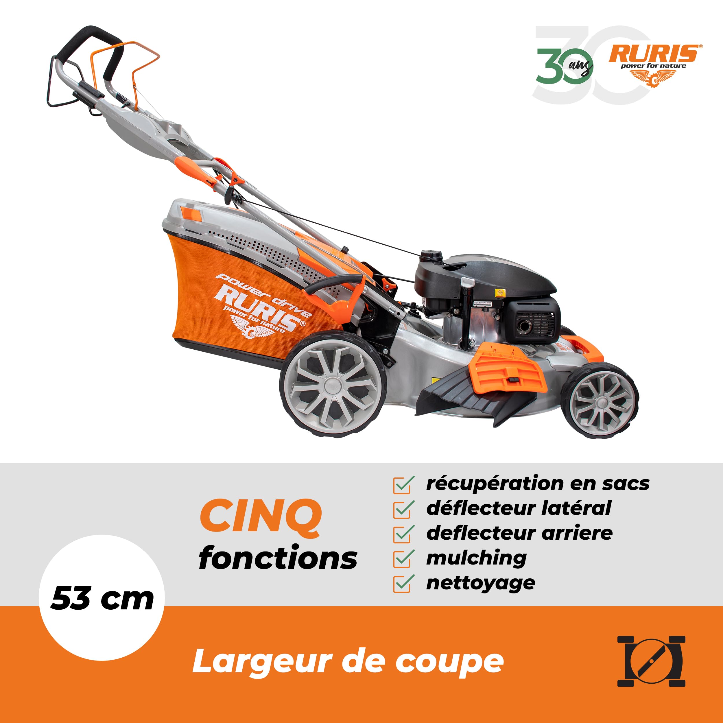 RURIS POWER FOR NATURE - Cortacésped térmico RX555s Motor Honda 5,2 CV, 202 CC, 530 mm, Bolsa 65 l, propulsa automática, 5 en 1: Recogida, eyección Trasera y Lateral, Mulching, Limpieza