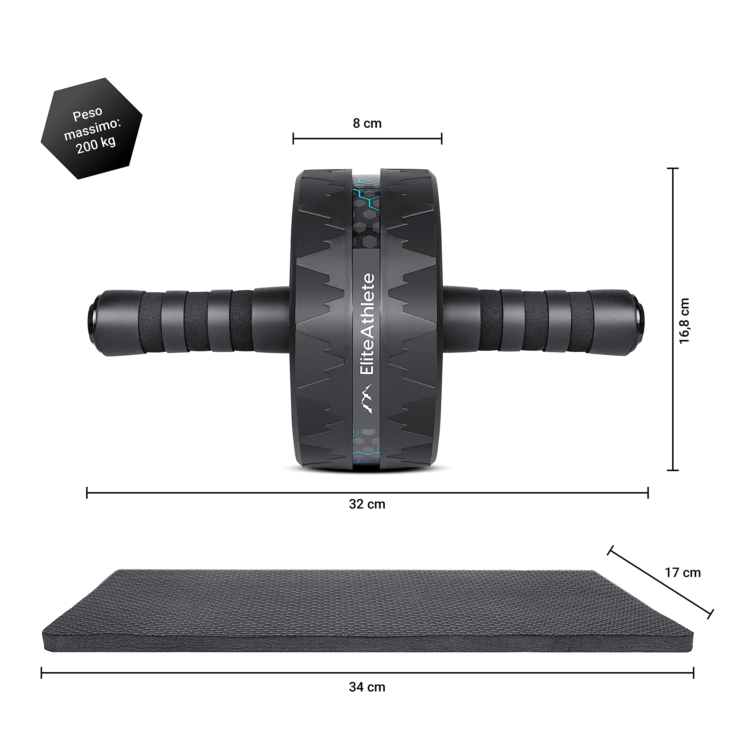 EliteAthlete AB Roller, attrezzo per addominali, per addominali, per la casa, per la pancia, per l'allenamento addominale, AB Wheel, con tappetino imbottito per ginocchia