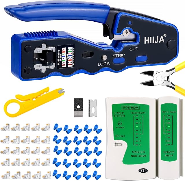 Hiija RJ45 Crimper, RJ45 Crimp Tool Pass Through Cat5 Cat5e Cat6 Crimping Tool Kit for RJ45 Regular, 50PCS CAT6 Pass Through Connectors, Mini Wire Stripper, Wire Cutter