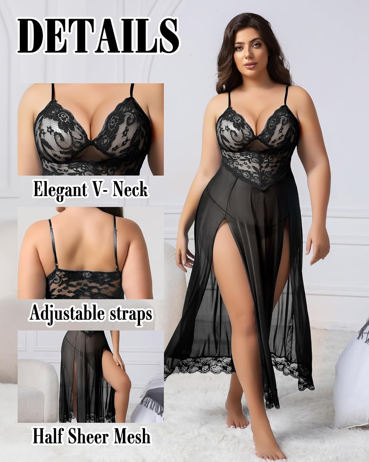 Lingerie for Women Lace Babydoll Chemise Sexy Nightdress Negligees V Neck Nightwear Side Split Nightgown - Image 4