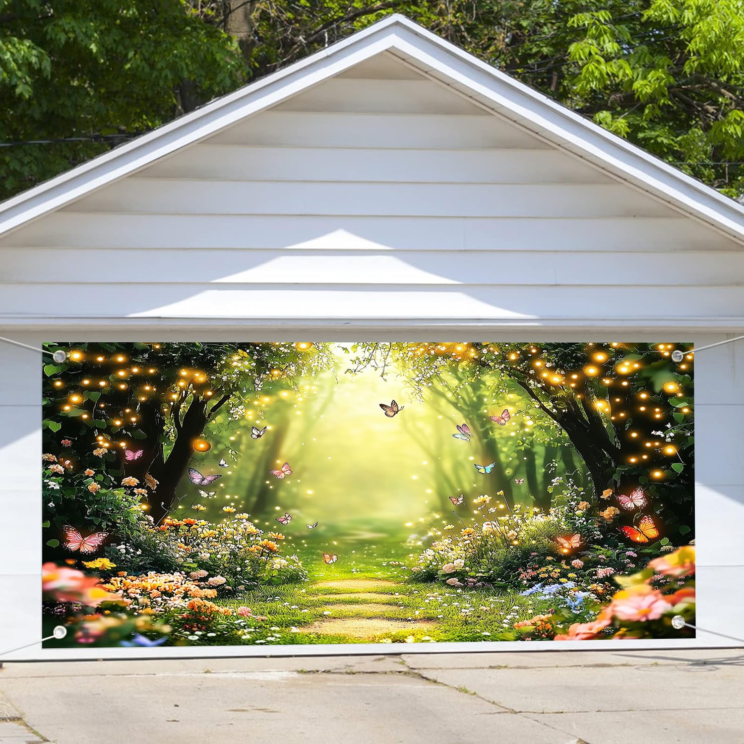 BATRUG 7X16ft Spring Enchanted Forest Garage Door Cover Background Backdrop Easter Fairy Garden Magic Wonderland Butterfly Background Kids Girl Party