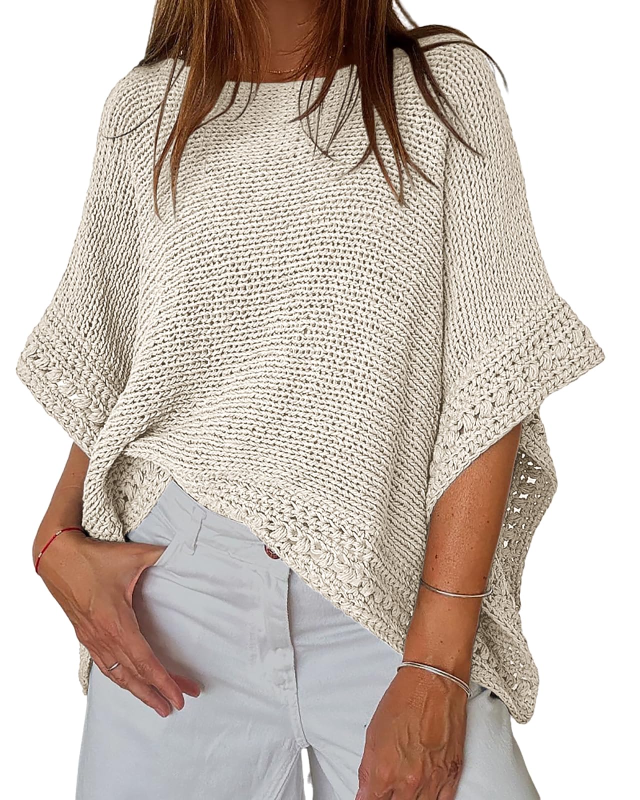 CHICME Womens Knit Tops 3 4 Batwing Sleeve Tops for Women Hollow-Out Pattern Edges Crochet Top Casual Pullover