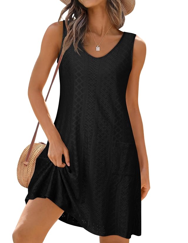 Swimsuit Coverup Summer Dresses for Women Eyelet Casual Loose Sleeveless Sundress with Pockets