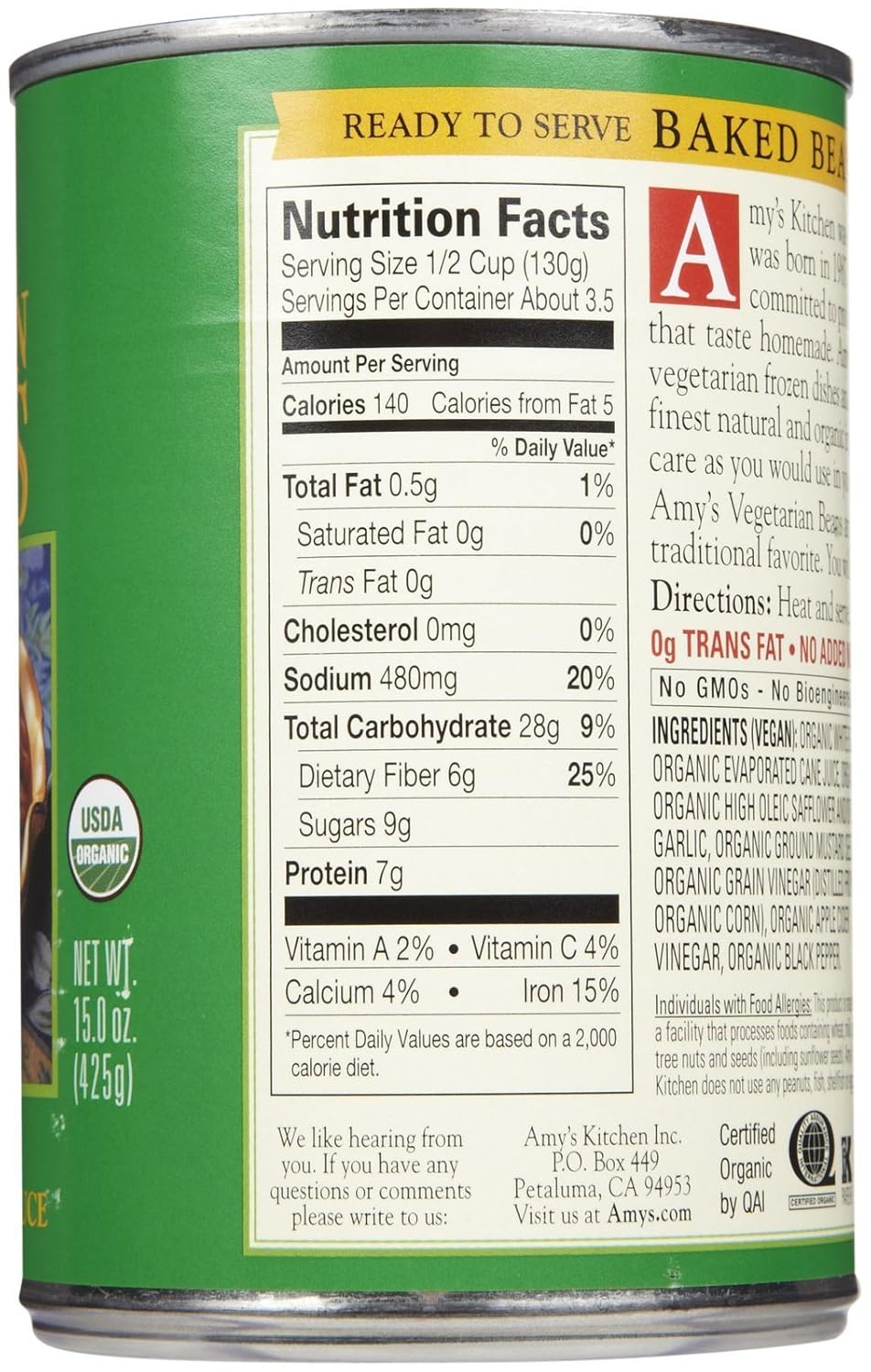 Amy's Organic Vegetarian Baked Beans - 15 oz (Pack of 5)