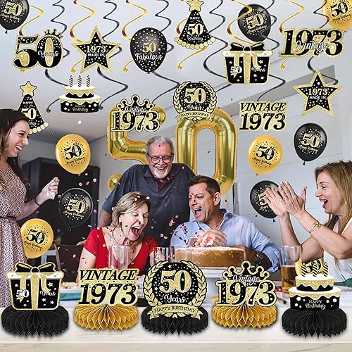 Miniatura 5 de Decoraciones de fiesta de cumpleaños número 50 en negro y dorado para mujeres y hombres, saludos a los 50 años, pompones de papel, remolino