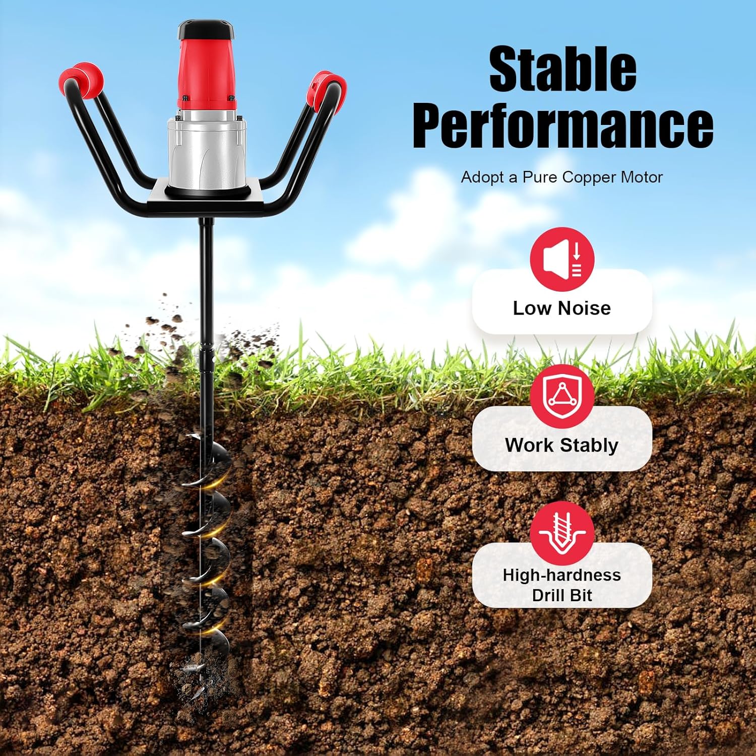 Post Hole Digger 1500W Electric, 1.6HP Earth Auger Digging Machine with 4" Auger Bit & Extension Bar, 200RPM/min Power Drill for Planting, Fencing, Gardening, 110V