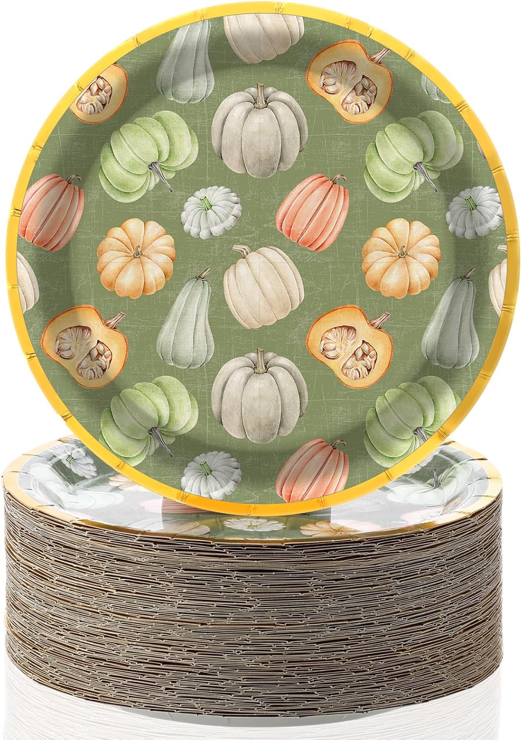 Uiifan 100 Pcs Thanksgiving Pumpkin Paper Plates 7 Inch Disposable Dessert Plates Gold Foil Edge Green Pumpkin Party Tableware for Thanksgiving Harvest Autumn Fall Dinner Party