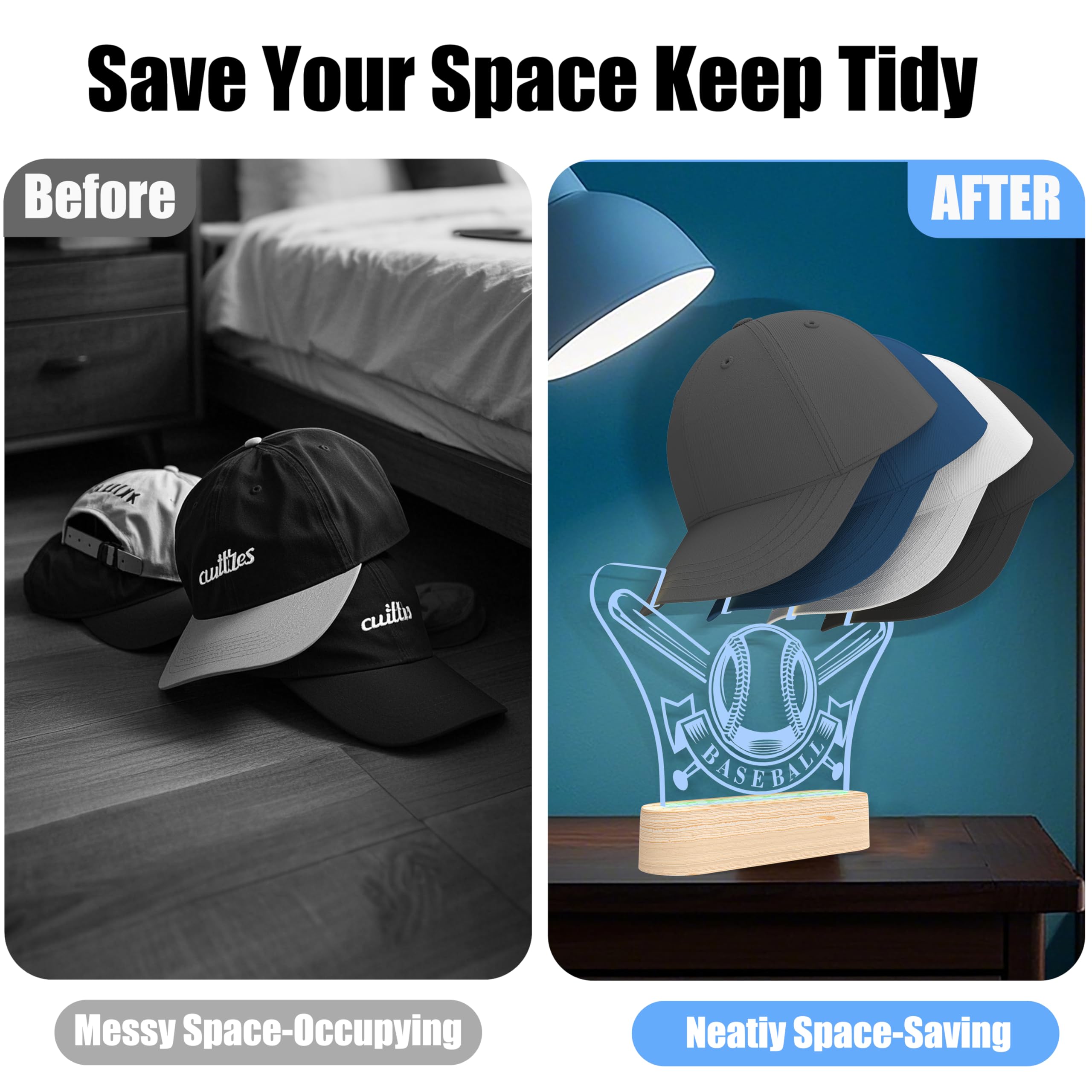 Vatonezich LED illuminated baseball Cap Organizer - 4 cap display stand with 7 color lighting, acrylic locker, office, bedroom