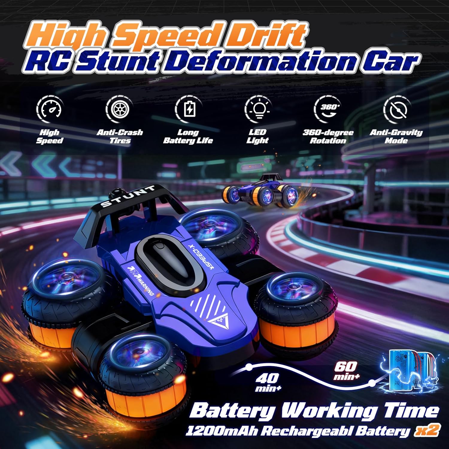 RC Stunt High Speed Remote Control Car 25km/h, 360°Rotating RC Drift Car with Lights Blue, 2.4 GHz Upright Walking 4WD Toy Cars for Kids Age 4-8 8-16 Boys Girls Christmas Birthday Gifts