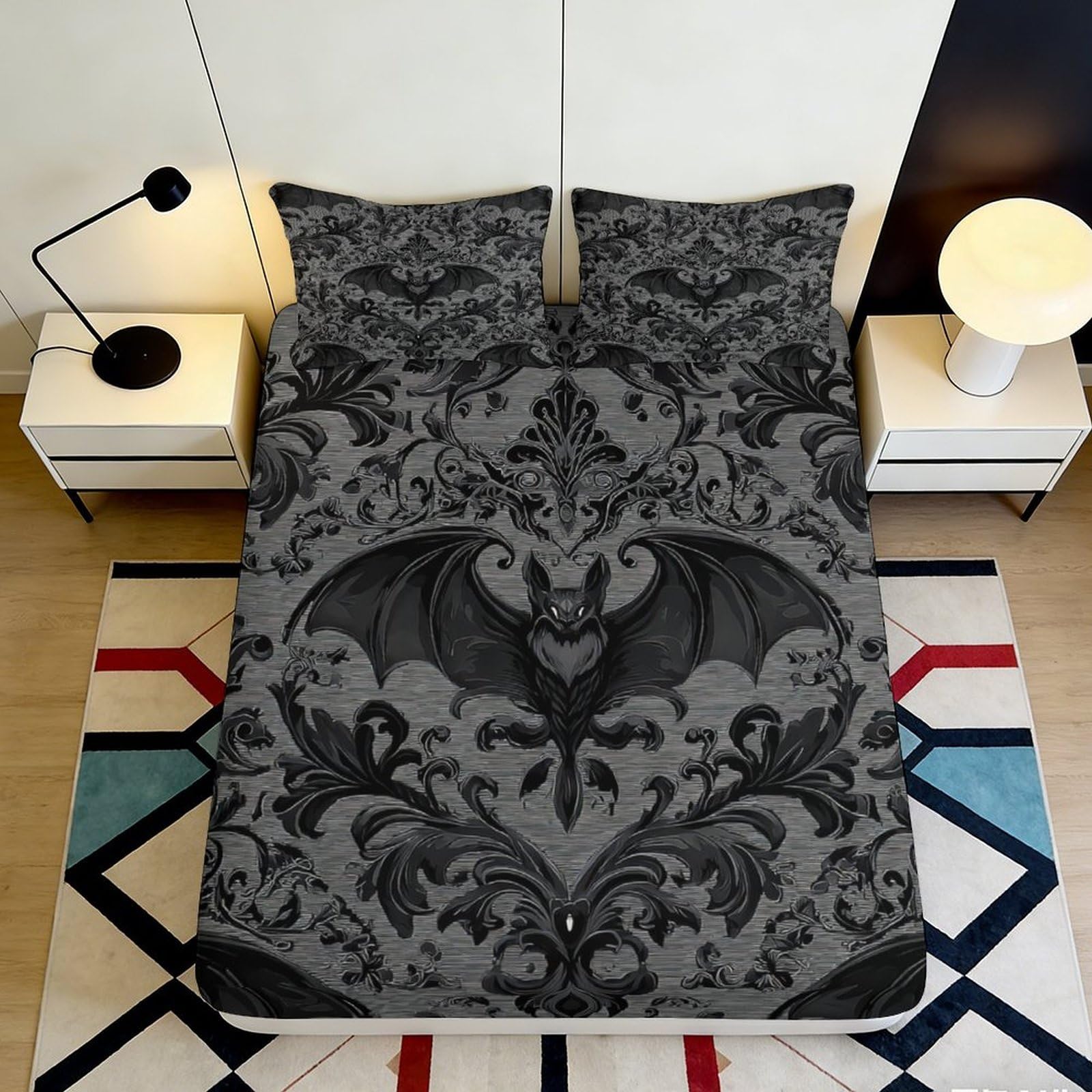 3D Printed Gothic Bat Pattern Fitted Sheet Microfiber Soft Black Baroque Mattress Cover for Bedroom Guest Room Decor 90x200x25cm