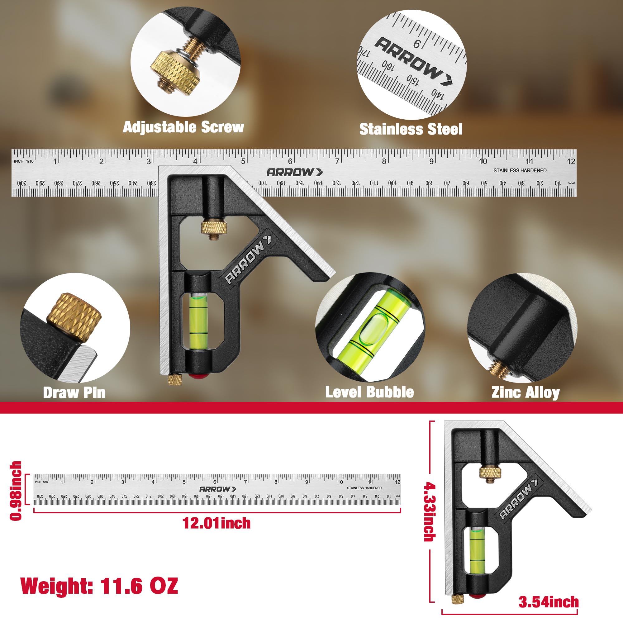Arrow Combination Square, 12-Inch Combo Square with Stainless Steel Ruler, Zinc Alloy Body and Bubble Level for Carpenters and Craftsmen