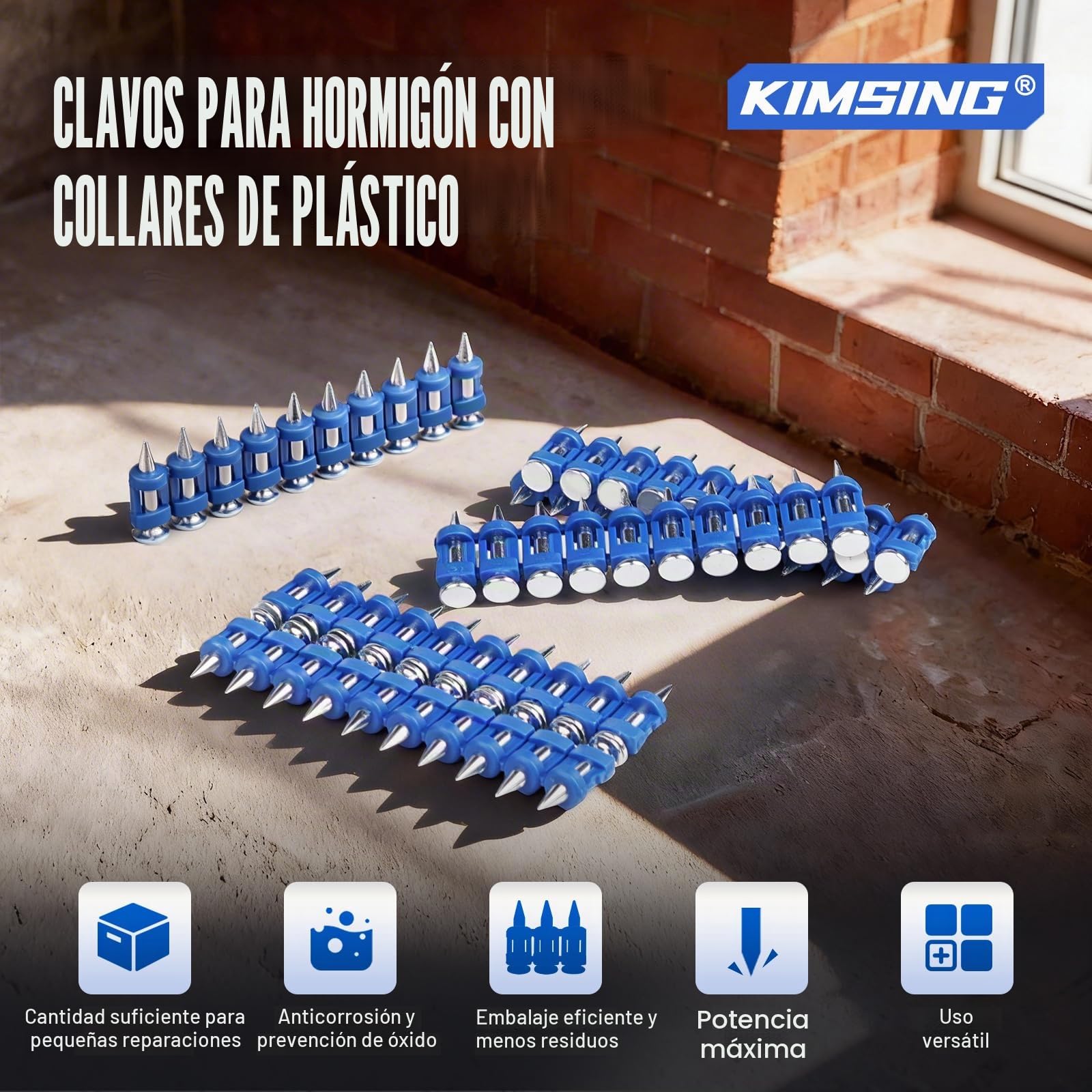 MTSD-19 12 Gauge 3/4 Inch X .109 Inch Smooth Shank Plastic Collated Concrete and Steel Drive Pin Mechanical Galvanized for Gas Power Concrete and Steel Nailer 1000 PCS/Box (1 caja) | Galvanizado grueso anticorrosión, tira plástica para carga fácil, 19mm,