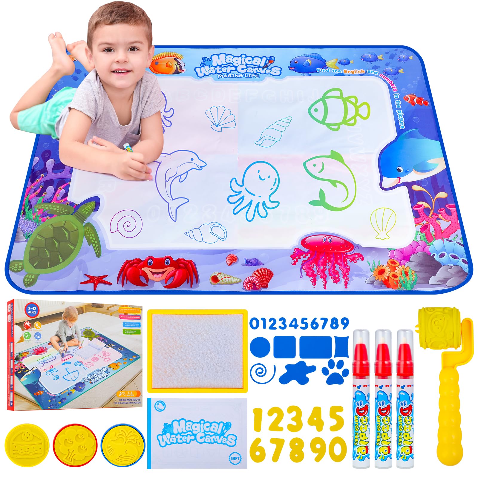 Tappetino Magico Per Disegno Ad Acqua – 101x68 Cm – Con Penne E Stampini – Giocattolo Educativo Per Bambini 1-3 Anni