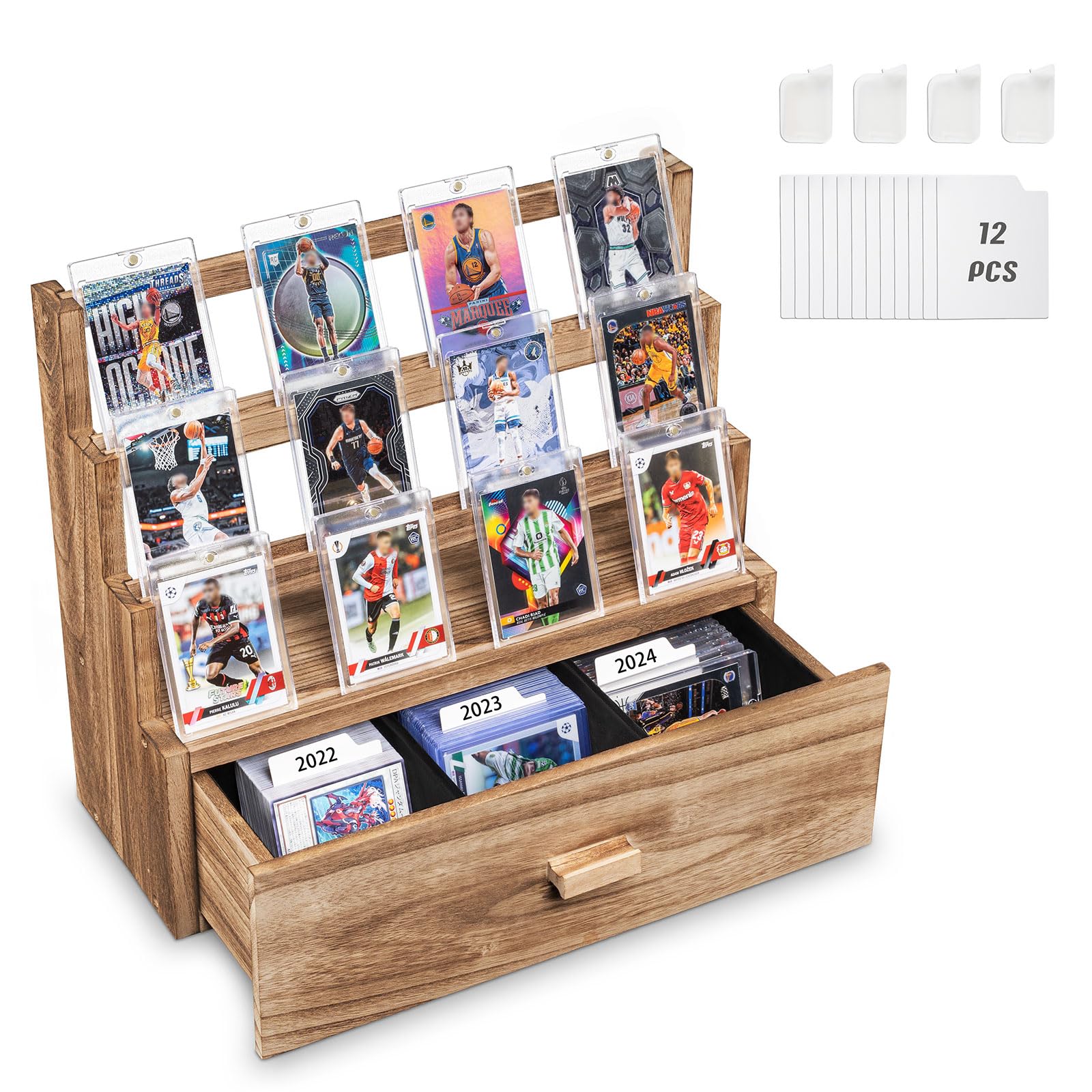 Emfogo Trading Card Display, 3-Tier Card Display Case with Custom Drawer, Wood Graded Card Display with Supporters and Dividers, Sports Card Display