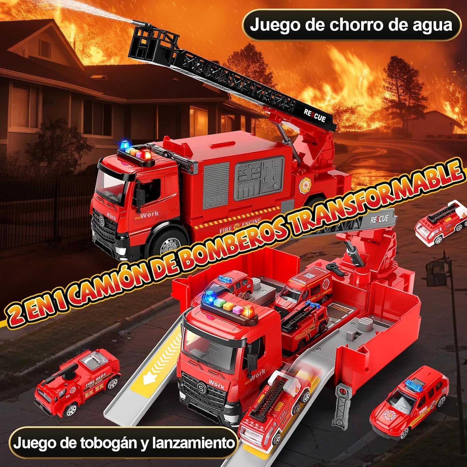 JONRRYIN Camion Bomberos Grande Juguete, Camión de Bomberos con Escalera de Rescate Extensible, Bomba Agua, Luces y Sonido, Camiones Grandes de Juguetes, Regalo para Niños y Niñas 3 4 5 6 7 8 Años
