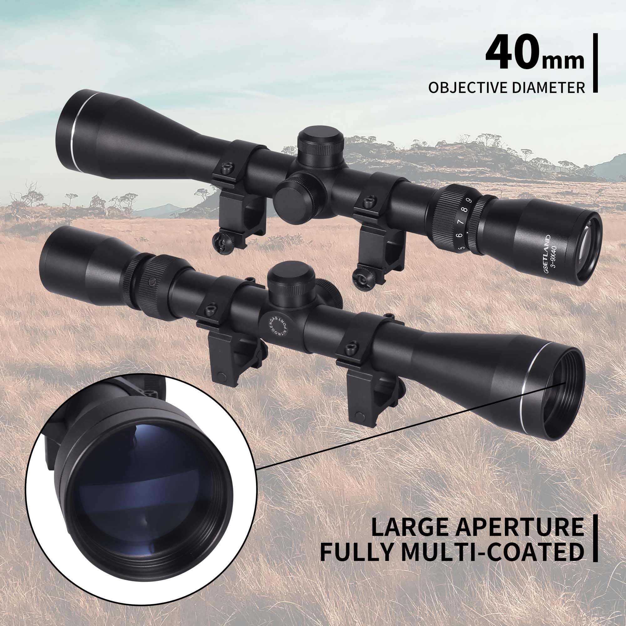 Goetland Gewehr Zielfernrohr 3-9x40 Airsoft Crosshair Optik R4 Absehen mit Montage Ringe SFP für Taktische Jagd Luftgewehr Sportschützen
