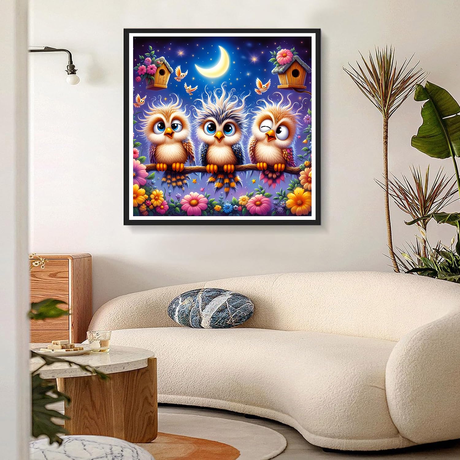 DPHERO Cartoon Owl Diamond Painting Kits for Beginners Adults,5D DIY Moon Birdie Diamond Art Kits,Round Full Drill Flowers Gem Art Crafts Kits,DIY Painting by Numbers for Home Wall Decor 12x12 inch - Image 3