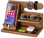 TESLYAR Cadeaux pour hommes – Station d'accueil pour téléphone en bois, Organisateur de table de chevet, Cadeau Pères, Cadeaux pour lui, Anniversaire, Anniversaire de Noël, Idées cadeaux pour hommes, Porte-porte-portefeuille (Bourbon Brown)