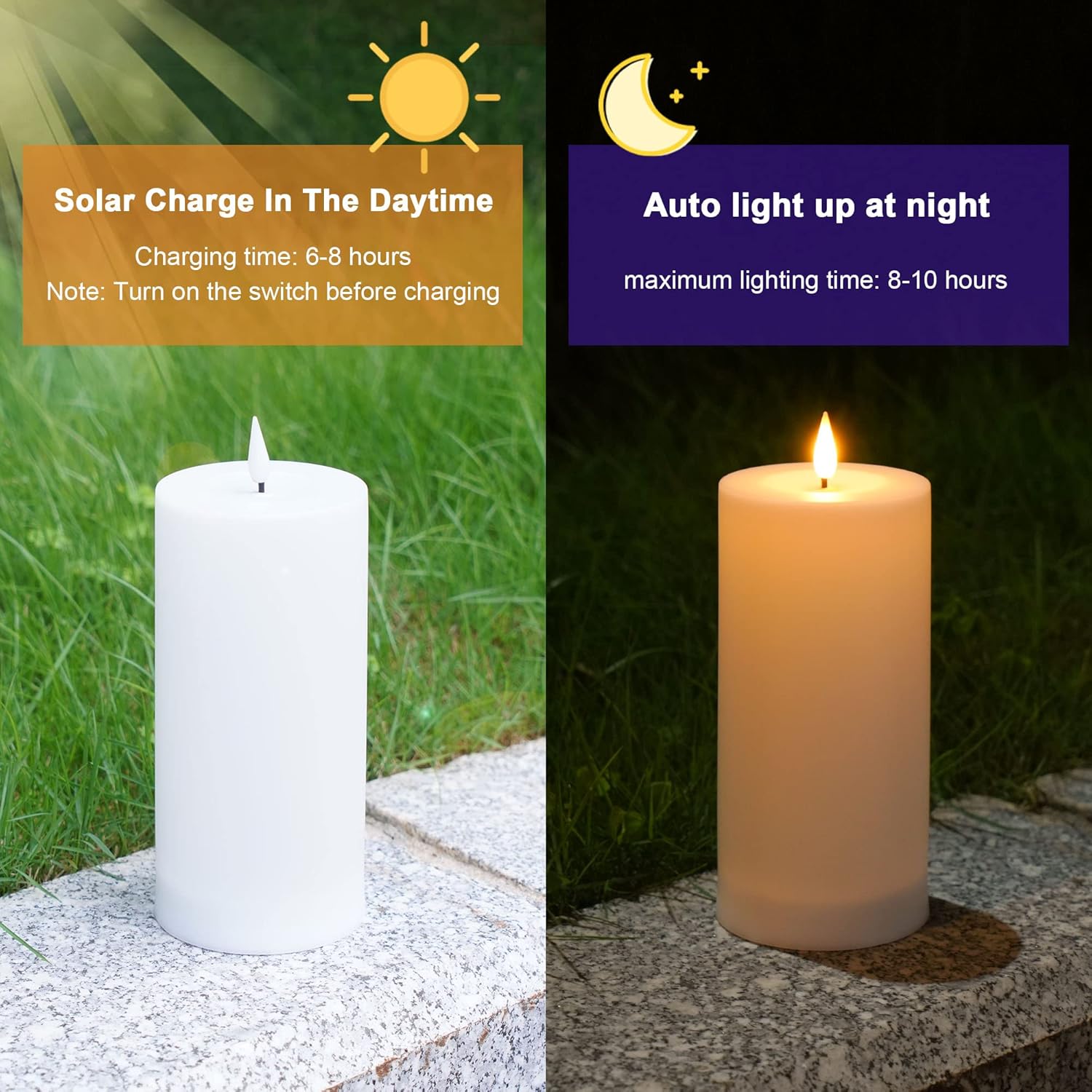 Solar Candles Outdoor Waterproof: Flameless Flickering Pillar LED Candles Set of 3 Dusk to Dawn Rechargeable Sensor Lights 3x4/5/6 Inch White - Image 2