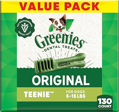 Greenies Veterinarian-Recommended Adult Natural Dental Dog Treats Teenie Size, Dog Dental Chews, Original Flavor, 36 oz. Pack, 130 Count