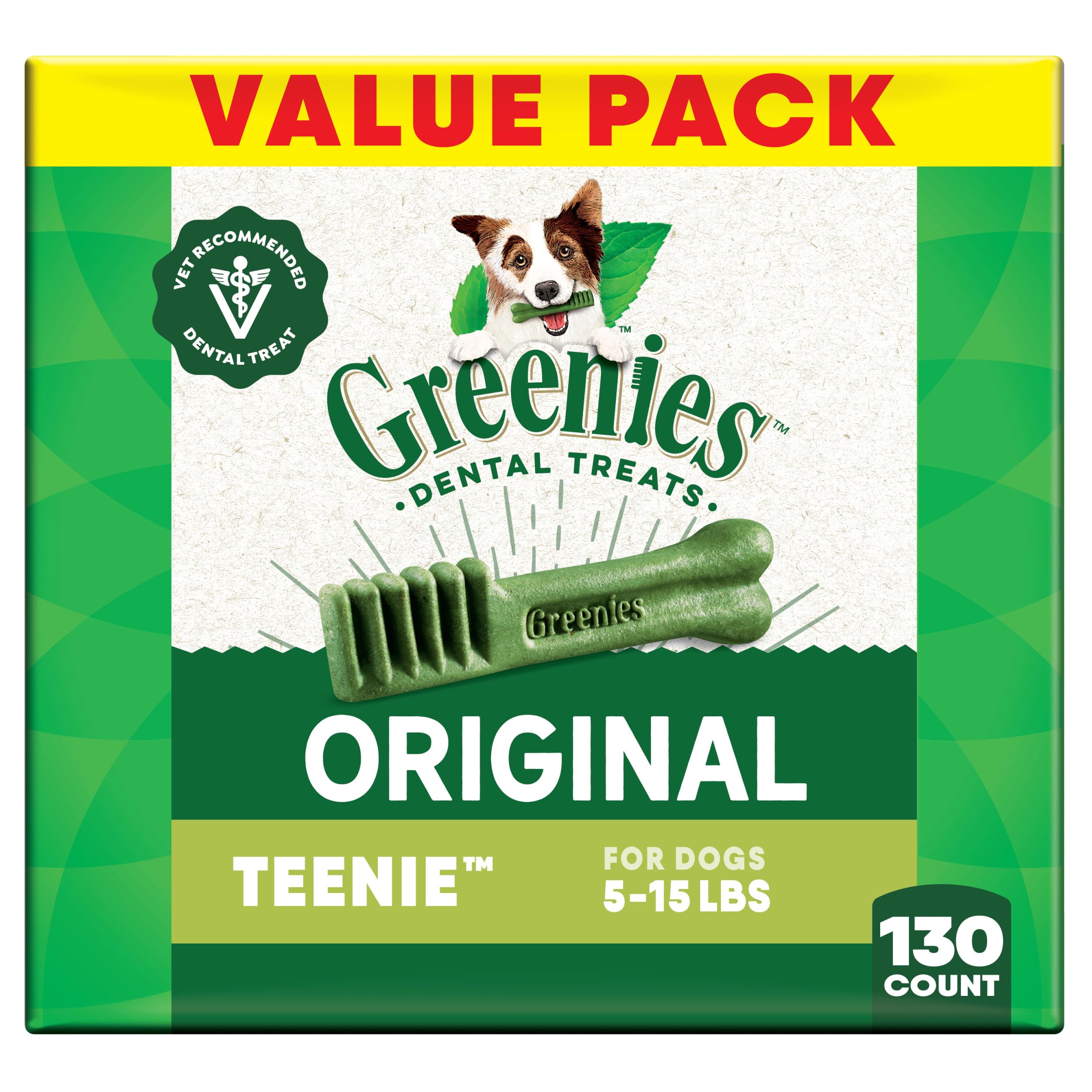 Greenies Veterinarian-Recommended Natural Dental Dog Treats Regular Size, Original Flavor, 36 oz. Pack, 130 Count