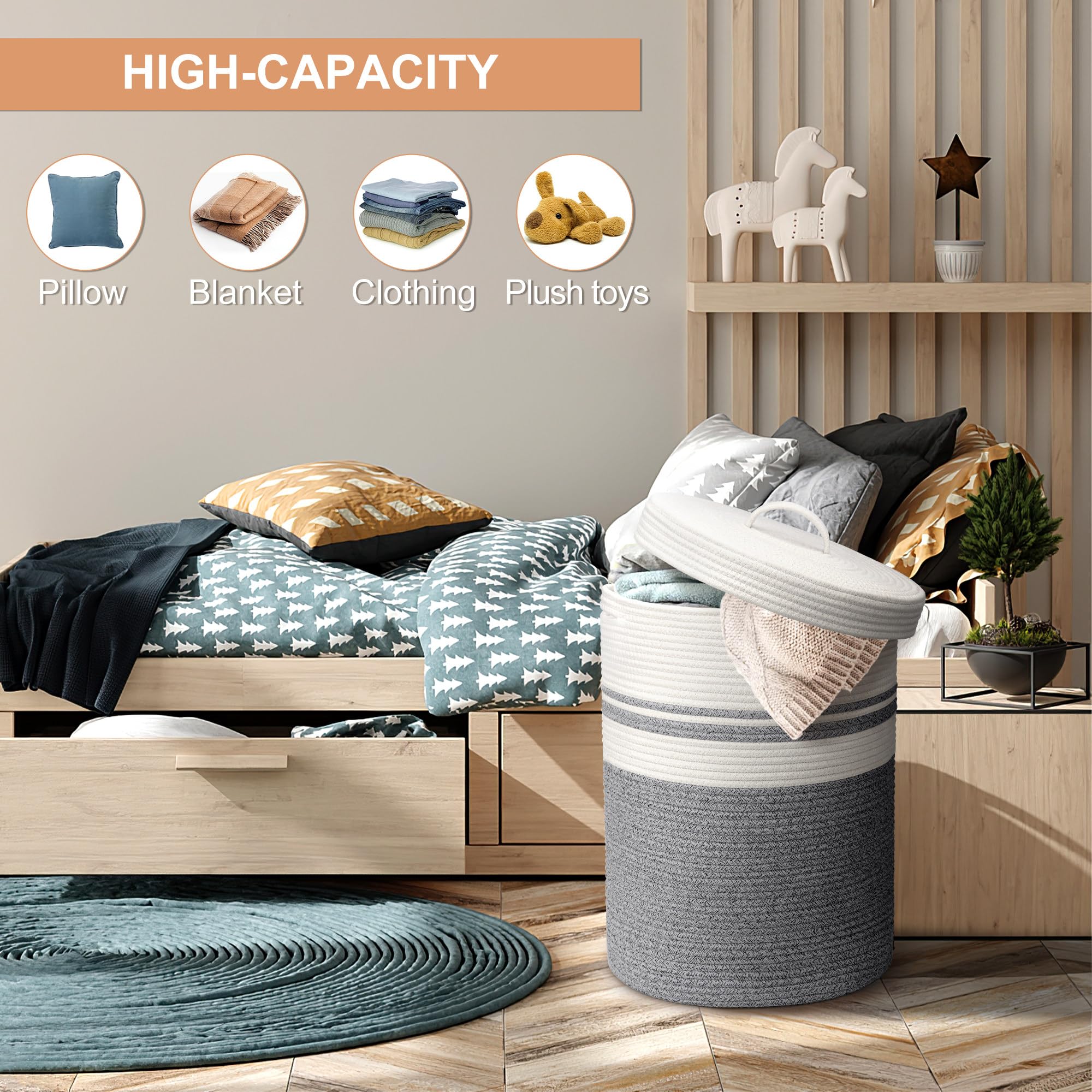 Cesta tejida para la ropa sucia con asas, cesta de ropa versátil XXL, manta y cesta grande de almacenamiento de juguetes para sala de estar, dormitorio, baño (gris, 55 L)