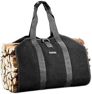 Firewood Carrier with Handles and Strap - Sturdy Canvas Wood Carrier Bag, Log Carrier Tote for Camping, Fireplace, Wood Stove Accessories - Black