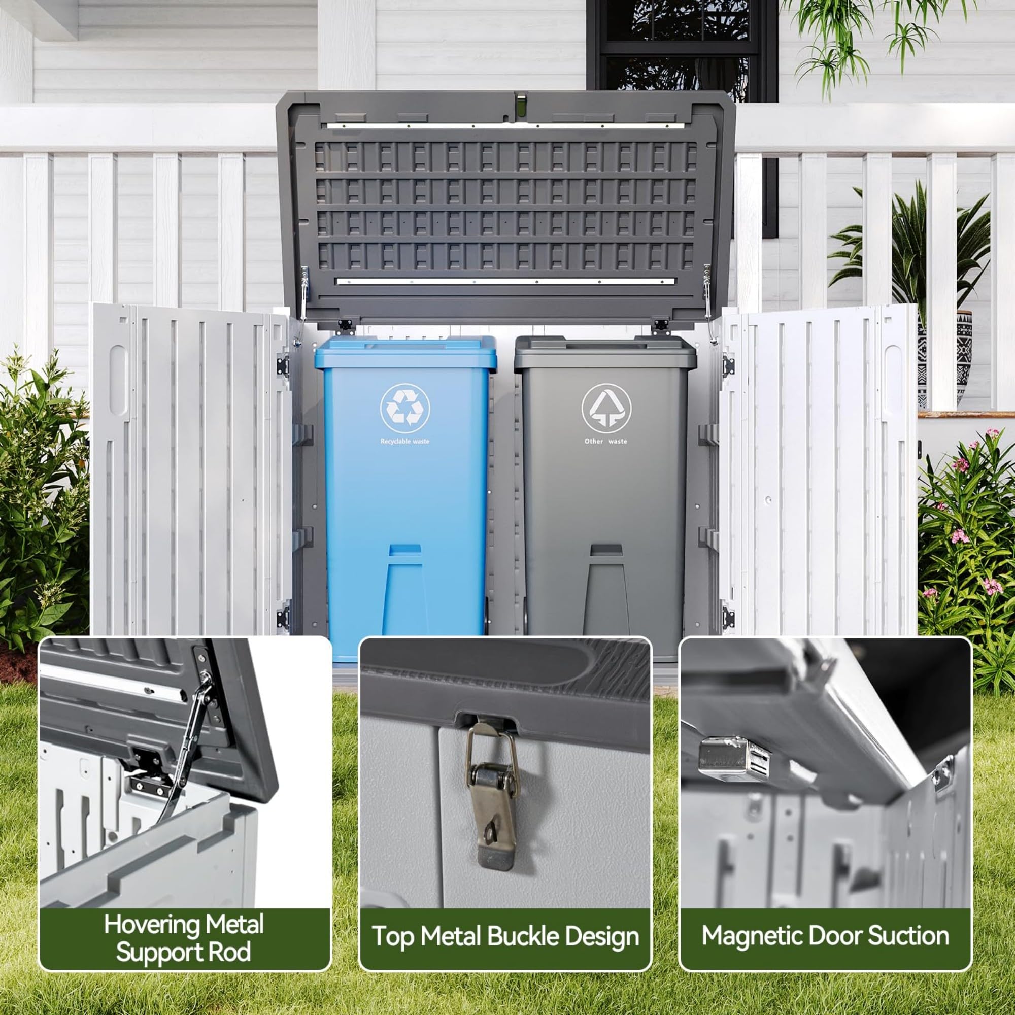 Aoxun 900L Resin Outdoor Storage Box, Waterproof Garden Tool Storage Cabinet with Anti-Topple Base, Heavy Duty Horizontal Wheelie Bin Shed Box for Patio, Backyard & Side Alley - 3