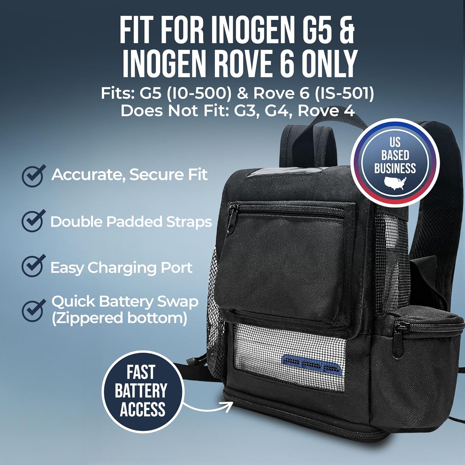 O2TOTES Premium Backpack – Fits Inogen One G5 & Inogen Rove 6, Lightweight with Padded Straps & Zippered Bottom