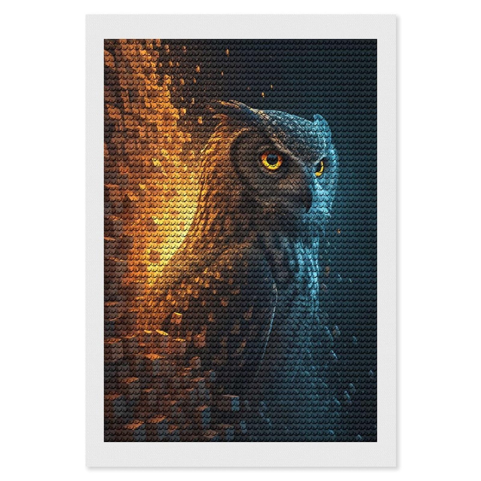 Junmoney Fiery Owl Exploding Into Cubes DIY Diamond Art Canvas Kit 8"x12", Decorate Your Room, Sparkling Round Gems, Fun Craft Experience, Farmhouse Decor