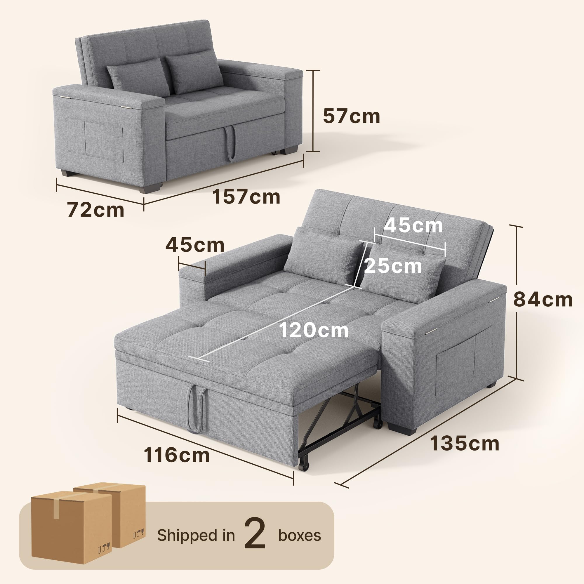 Xbro 3-in-1 Schlafsofa ausziehbar, 2-Sitzer Sofa mit Schlaffunktion, verstellbare Rückenlehne, Leinenstoff mit 2 Kissen und Seitentaschen, für Wohnzimmer, Schlafzimmer oder Büro, Hellgrau