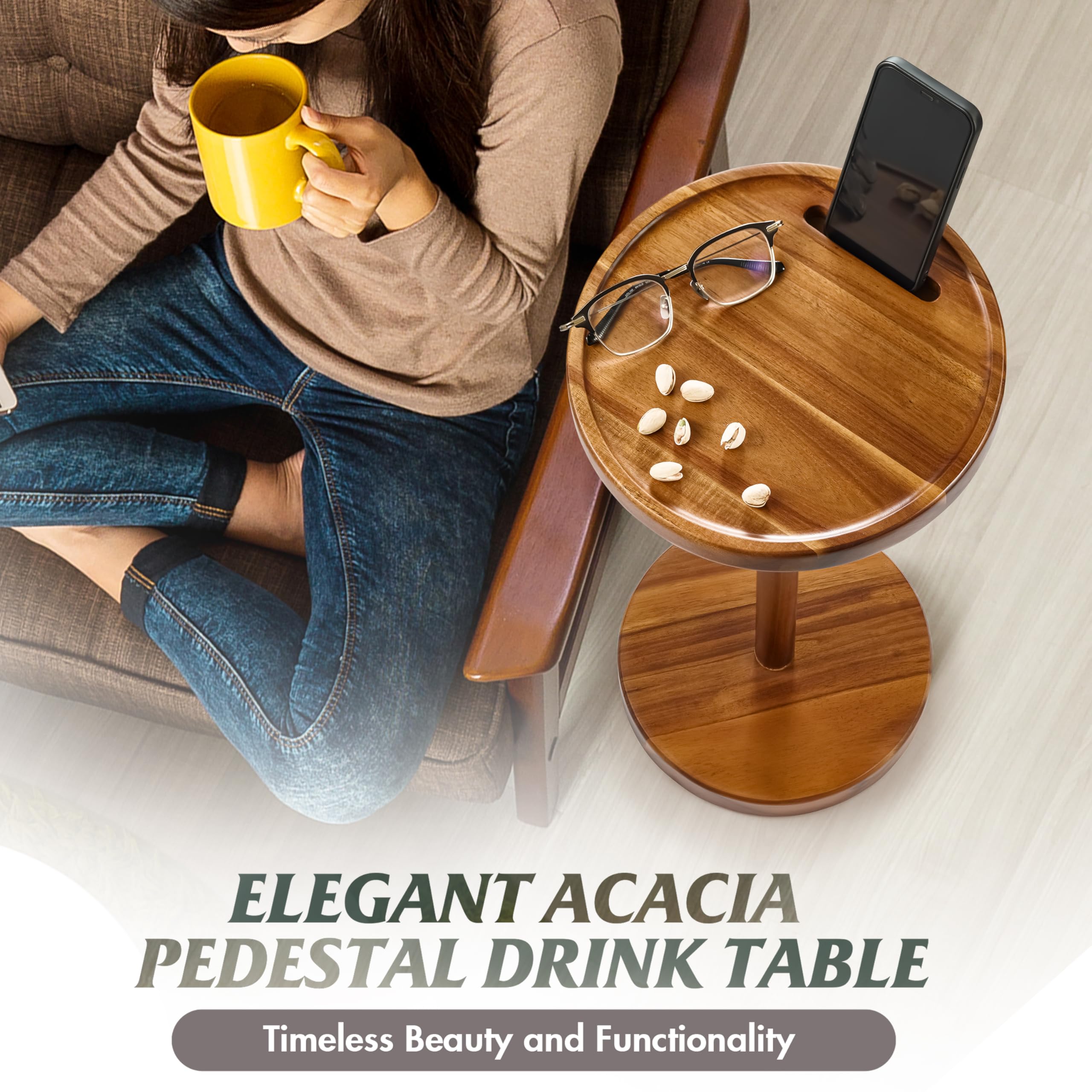 BLUEWEST Mesa auxiliar compacta de 24.4 pulgadas de alto con ranura para teléfono y base pesada, mesa de pedestal duradera para sala de estar (Acacia, base individual)