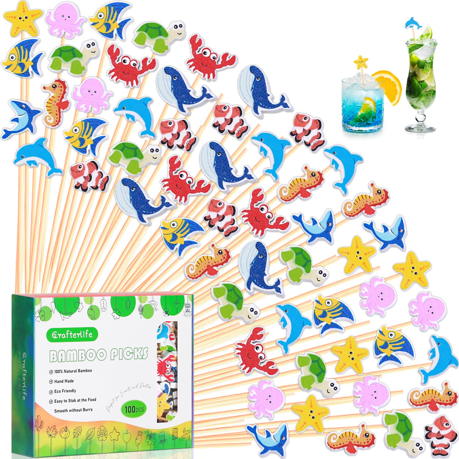 Under The Sea Cocktail Picks Ocean Fish Decoration Toothpicks Drinks Fruit Dessert Sticks Food Sandwich Appetizer Charcuterie Skewers, for Kids Birthday Baby Shower Sea Animals Themed Party Supplies