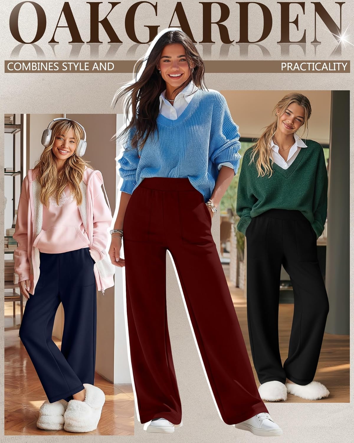 3 Pack Women's Wide Leg Lounge Pants Baggy High Waisted Yoga Joggers Cozy Sweatpants with 4 Pockets - Image 2