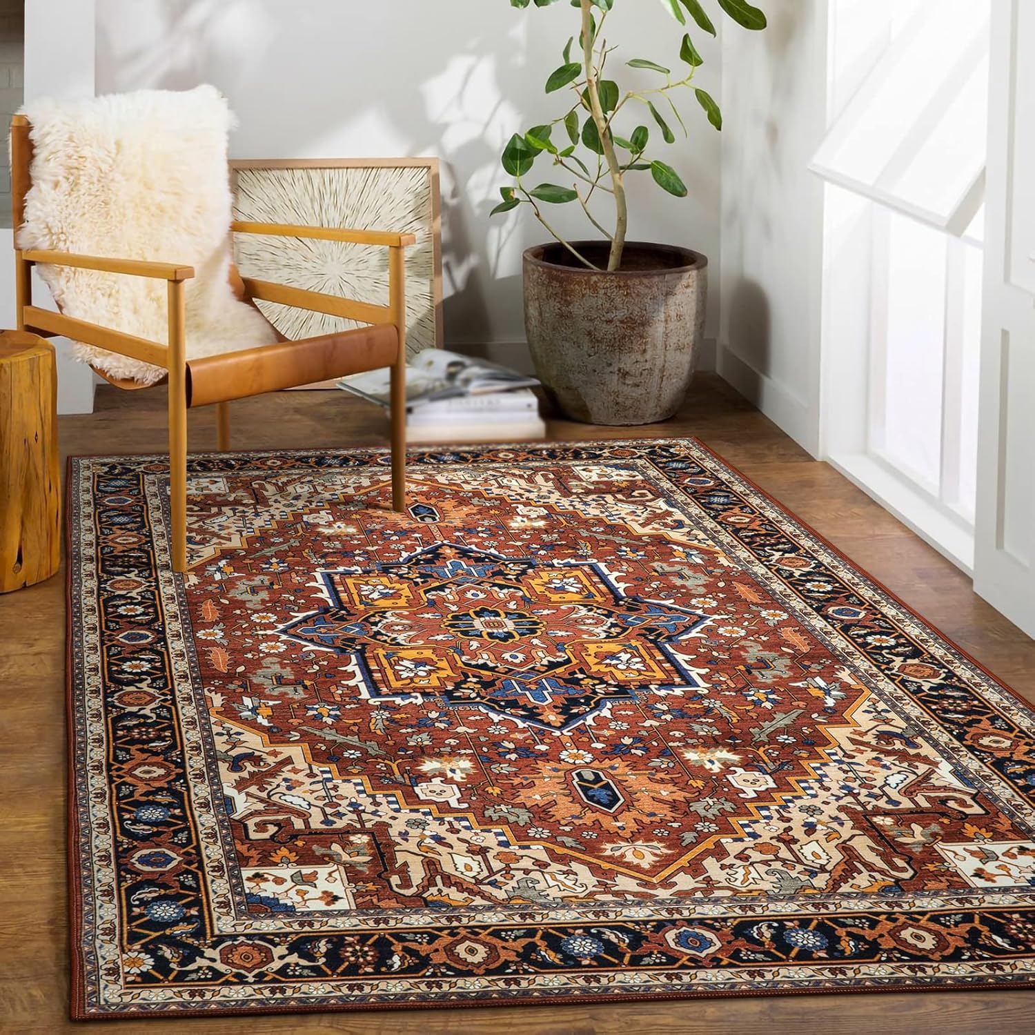 Tapis oriental marron et bleu square 150x150 cm lavable