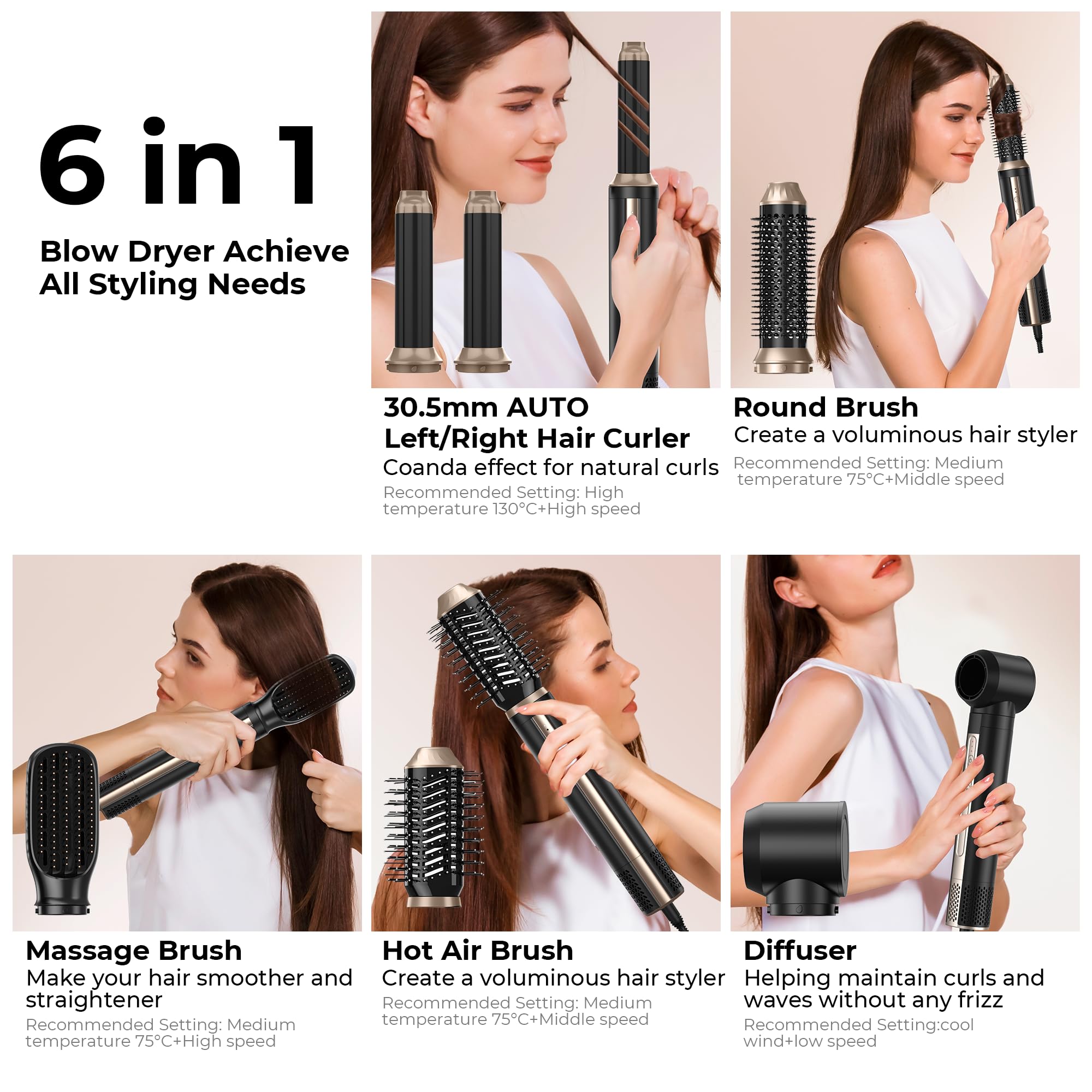 OKWRAP Hairstyler 6 in 1 Airstyler, 6 in 1 Multistyler 110000 U/Min, Enthält Ionen Föhn, Lockenstab Automatisch, Warmluftbürste, Haarglätter Bürste, Ideal für Glattes, Lockiges und Voluminöses Haar