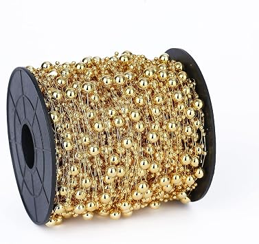 100 Feet Artificial Pearl Strand Beads Trims Garland Chain Roll for Wedding Party Decoration Christmas Flower Tree and DIY Supplies Gold