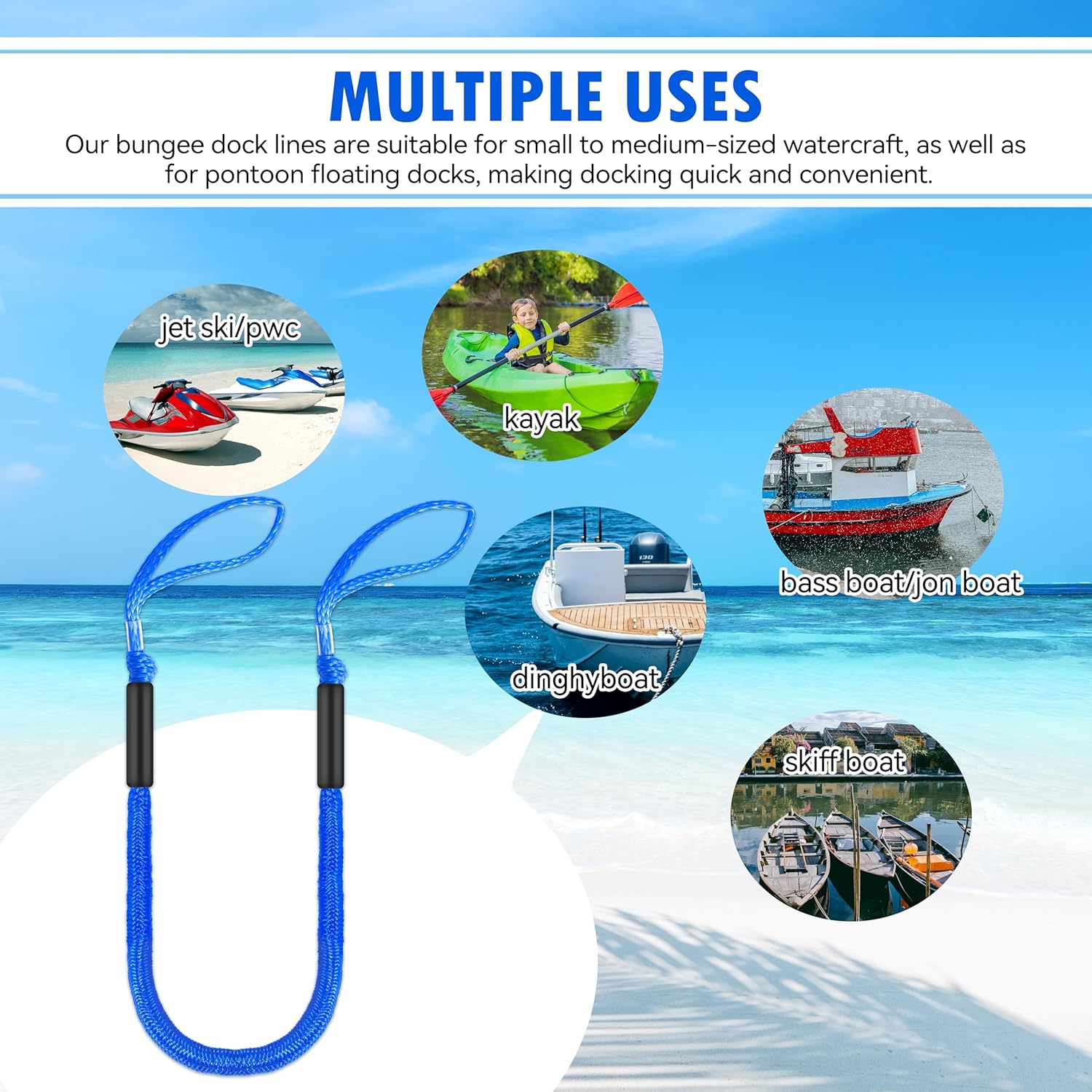 Marine Bungee Dock Lines for Boat 4-Pack, Braided Rope with Loops, Boat Tie Down for Dock, (4ft Blue)