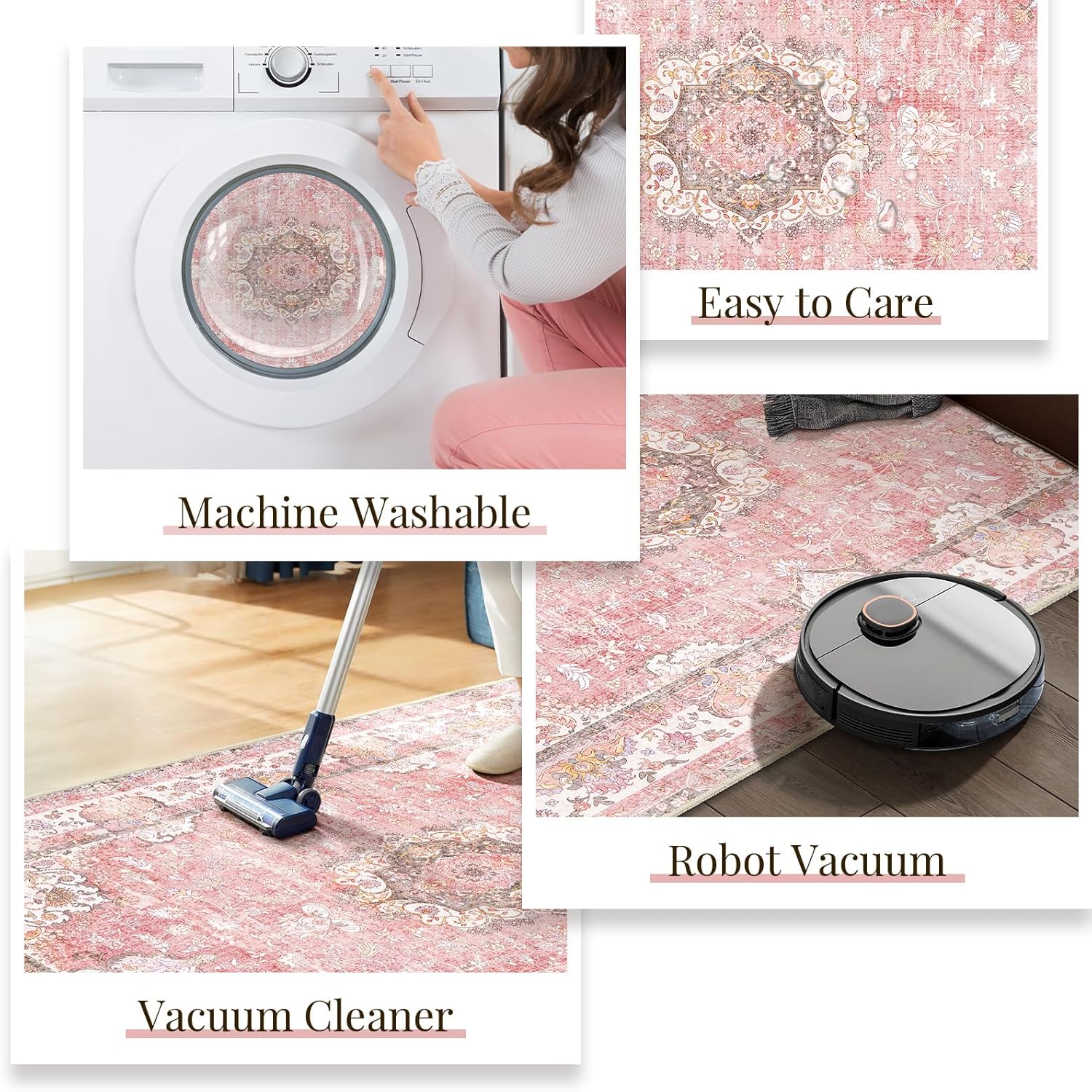 Washable Runner Rug 2'x6',Pink Rug Runners Non Slip,Long Boho Rugs for Hallways Kitchen Bathroom Bedroom Entryway,Vintage Bohemian Distressed Floor Carpet,Blush Floral Flowers