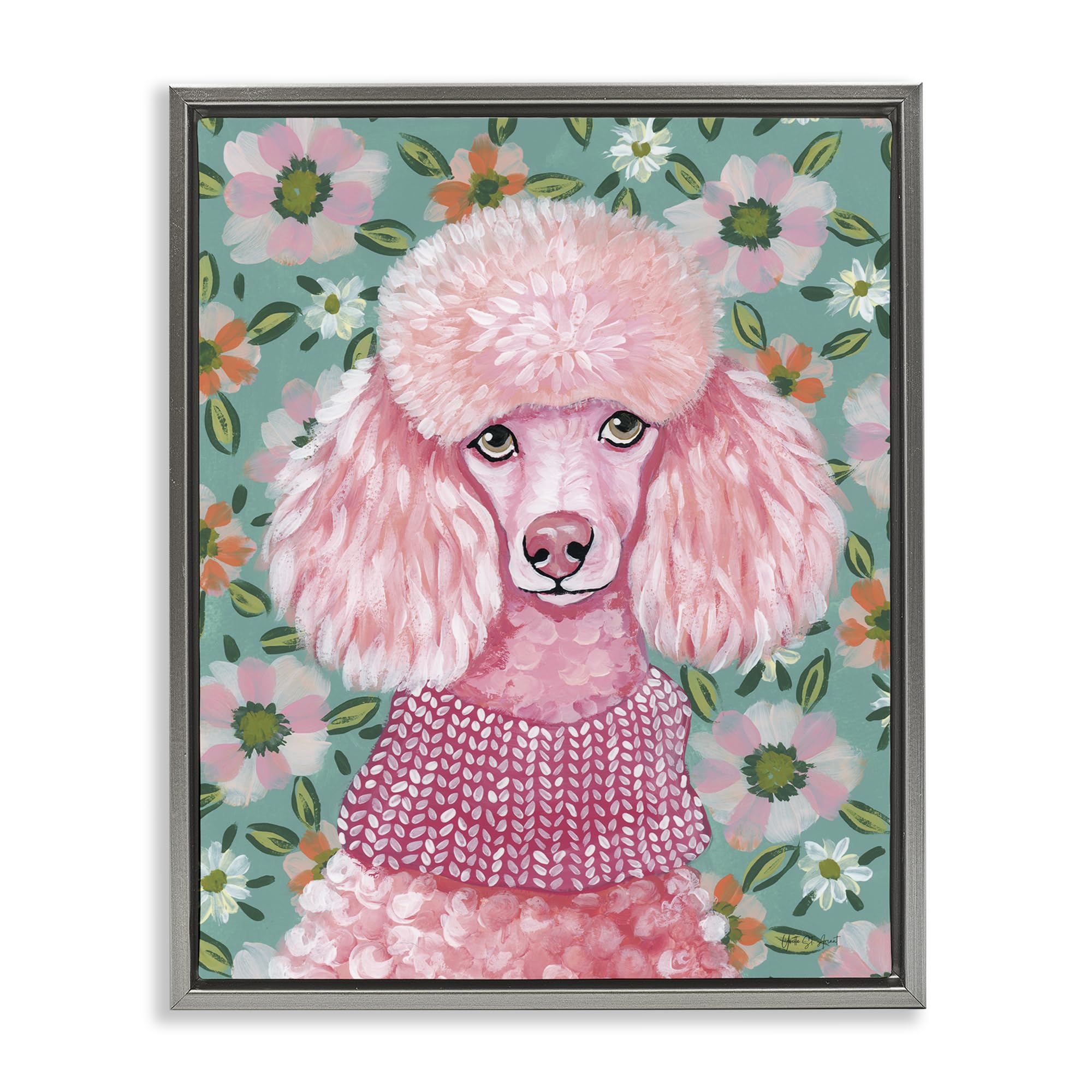 Stupell Industries Luster Gray (Matte) 'Floral Poodle In Pink', Floating Frame Canvas Art, Gray, 25 X 31 Inches, Easy To Hang And Sturdy, Made In Usa, By Yvette St. Amant
