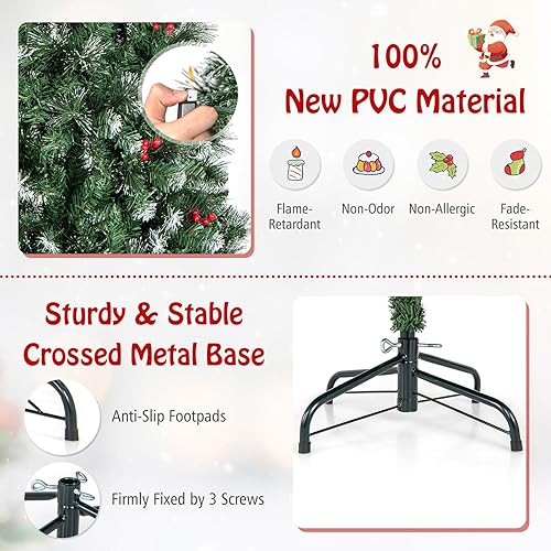 Miniatura 4 de Goplus Árbol de Navidad preiluminado de 7 pies, árbol de Navidad artificial delgado con bisagras con 350 luces LED blancas cálidas, 818 puntas de