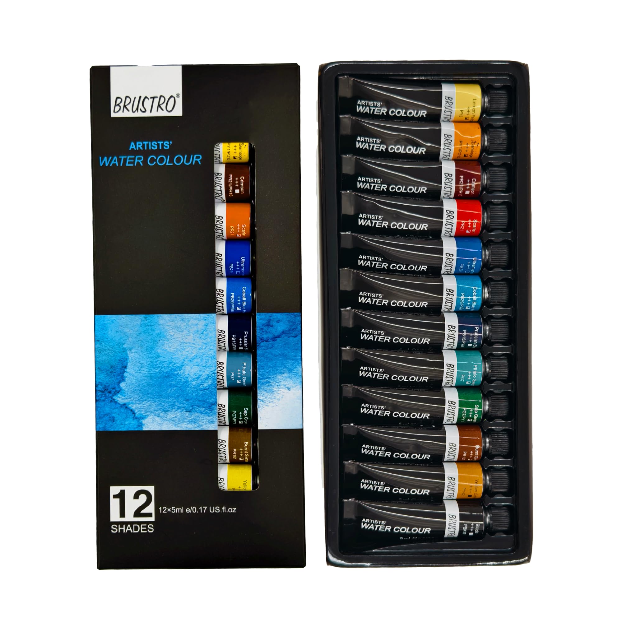 BRUSTRO Artist's Watercolour Paint |5ML Tubes Set of 12 Colours| Ideal for Landscape, Portrait, Paper, Painting, Artist, Professional Watercolor, Transparent Colors, Painting Dry & Wet, Fine Art